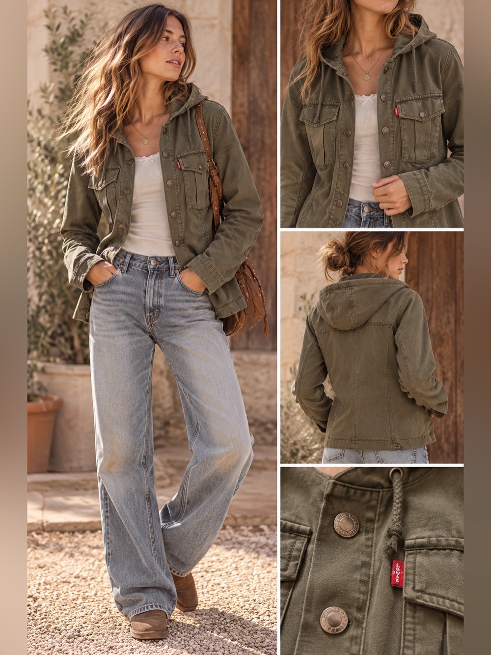 Levi’s Women’s Medium Olive Green Hooded Military Utility Field Jacket Cotton M
